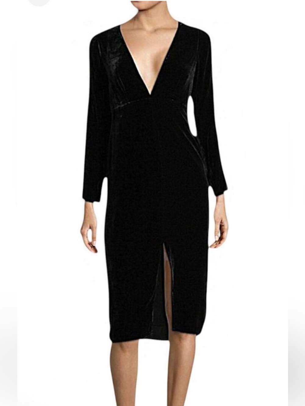 For Love And Lemons Black Velvet Long-Sleeve V-Neck Midi Dress with Front Slit